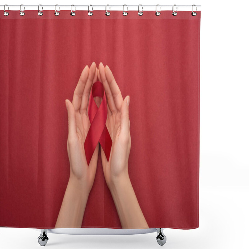 Personality  Cropped View Of Woman Holding Red Awareness Aids Ribbon On Red Background Shower Curtains