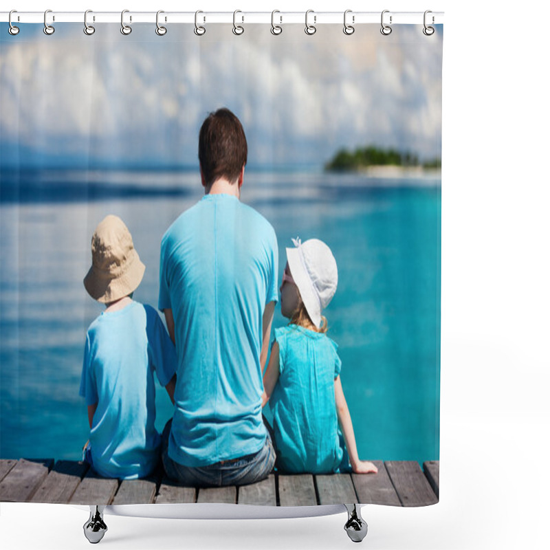 Personality  Father And Kids Enjoying Ocean View Shower Curtains