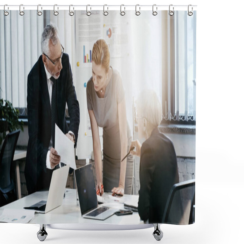 Personality  Businessman Holding Document Near Businesswomen With Devices And Flip Chart In Office  Shower Curtains