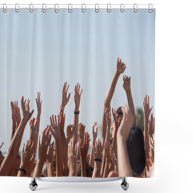 Personality  Group Of Happy Young People With Hands Up To The Sky Shower Curtains