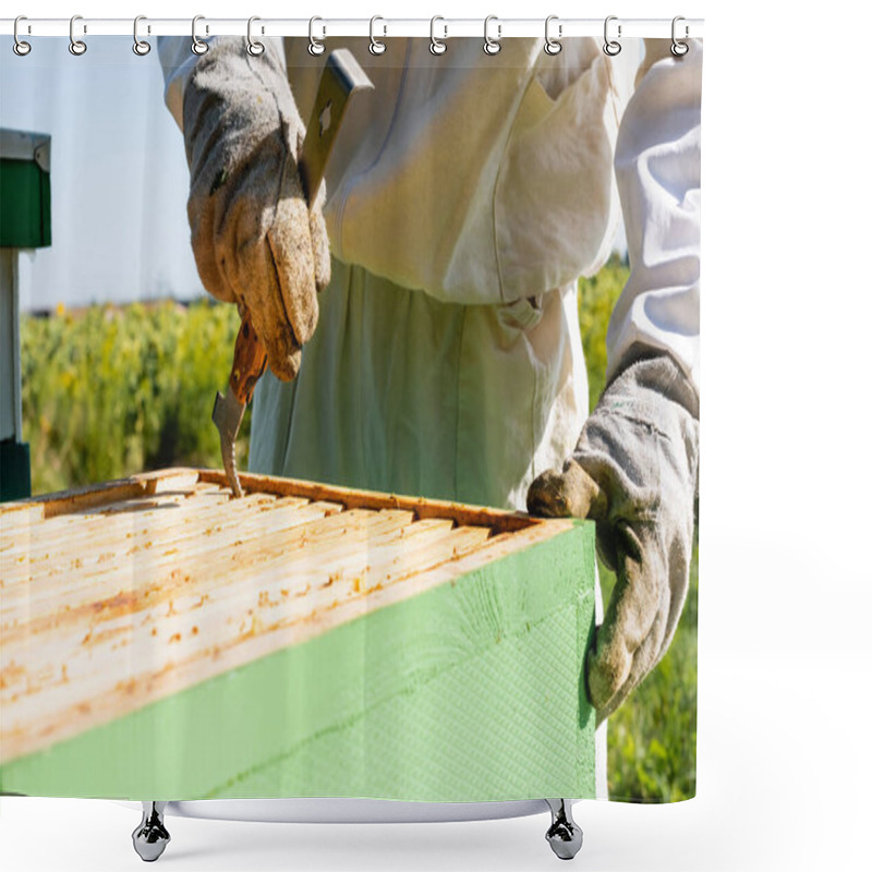 Personality  Cropped View Of Beekeeper Inspecting Beehive With Frame Gripper  Shower Curtains