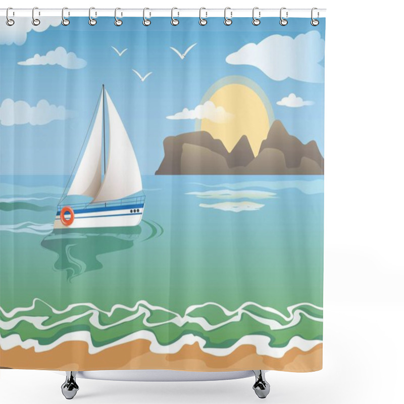 Personality  Flocks With White Sails In The Open Ocean. Beach, Waves, Sun, Mountains. Illustration Shower Curtains