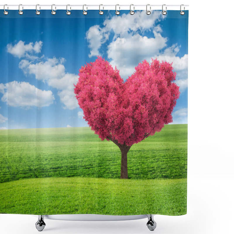 Personality  Summer Green Field And Pink Tree In Shape Of Heart Shower Curtains