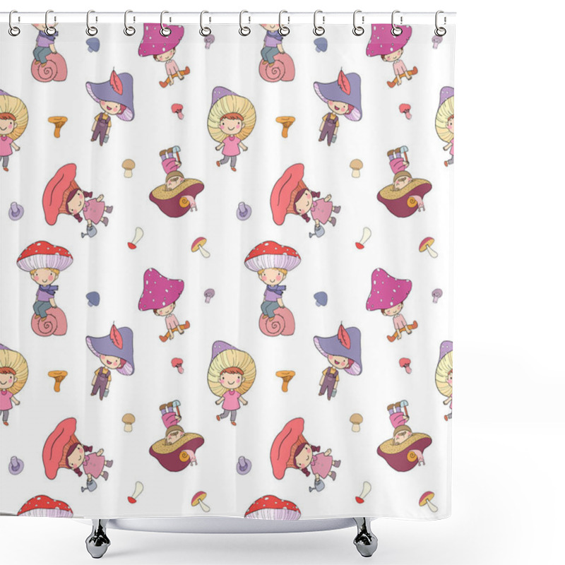 Personality  Pattern With Cute Cartoon Gnomes Mushrooms. Forest Elves. Little Fairies Shower Curtains