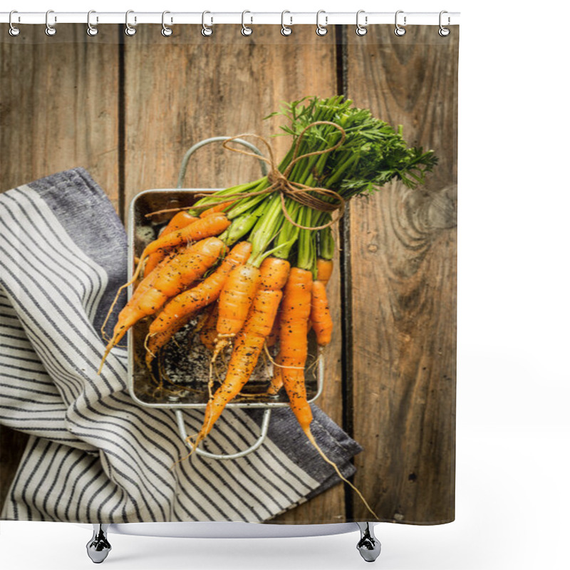 Personality  Bunch Of Young Or Baby Carrots On Wooden Rural Kitchen Table Shower Curtains