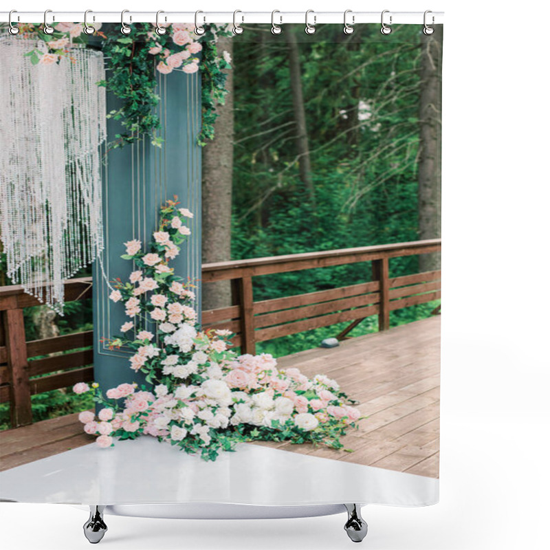 Personality  Modern Ceremony In European Style. Wedding Arch With Roses On The Background Of A Forest Lake And Trees. Jewelry Made Of Fresh Pink Flowers And Crystals. Shower Curtains