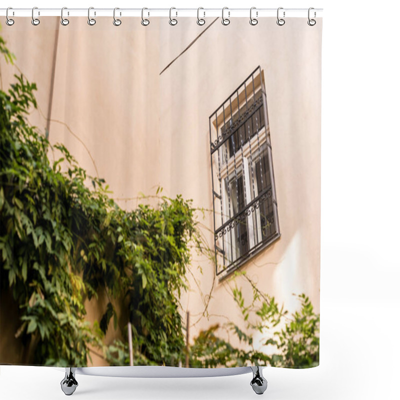 Personality  Low Angle View Of Facade Of Beige Building With Window And Plant Shower Curtains