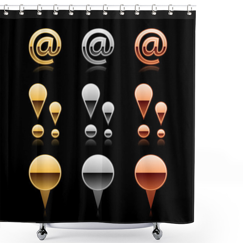 Personality  Colored Glossy Web 2.0 Button Sign At, Exclamation Mark And Map Pin Icons With Black Shadow And Dark Reflection On Black Background Shower Curtains