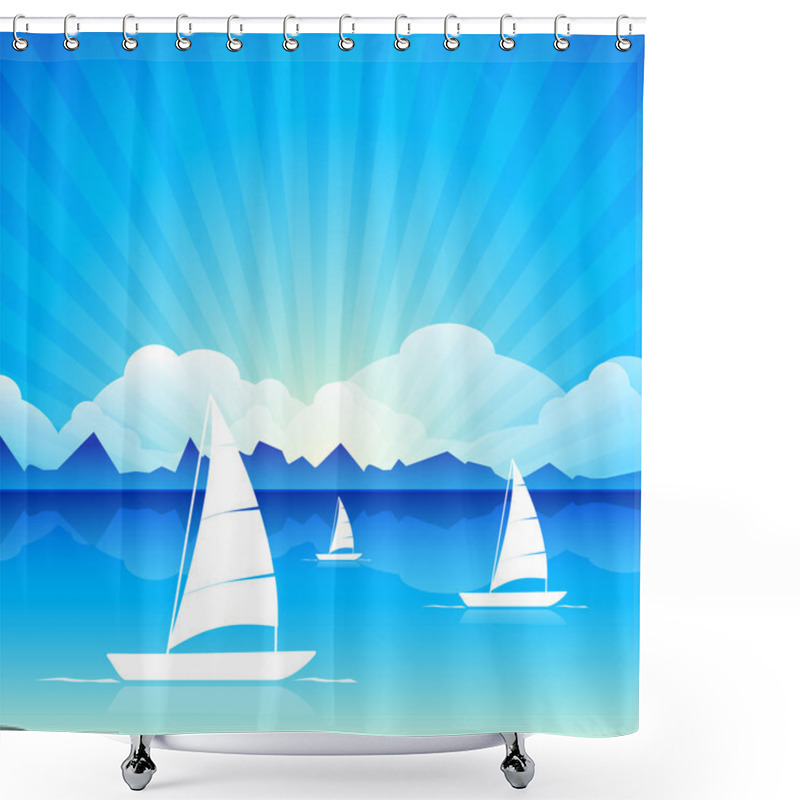 Personality  Vector Illustration Of A Calm Sea With Boats On Beautiful Nature Background. EPS 10 Shower Curtains