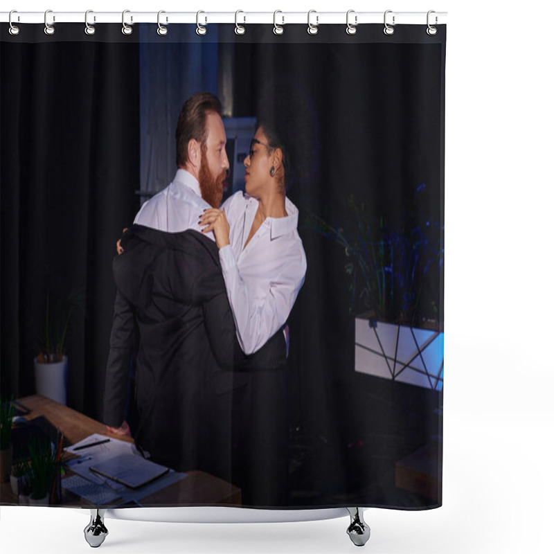 Personality  Passionate Interracial Couple In Formal Wear Embracing At Workplace In Office At Night, Work Romance Shower Curtains