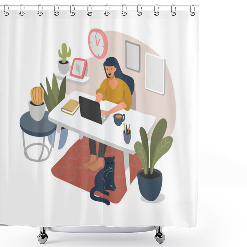 Personality  Girl Sitting At Home With Laptop And Working Shower Curtains