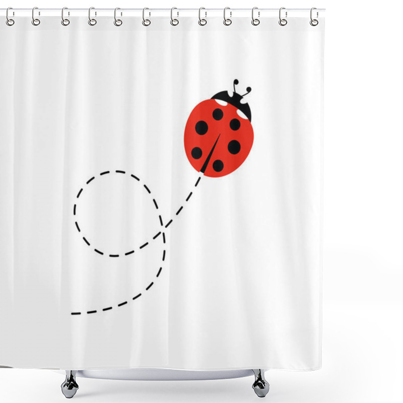 Personality  Cartoon Ladybird Icon. Ladybug Flying On Dotted Route. Vector Isolated On White Background Shower Curtains