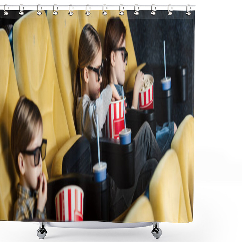 Personality  Panoramic Shot Of Children Watching Movie In 3d Glasses And Eating Popcorn In Cinema Shower Curtains