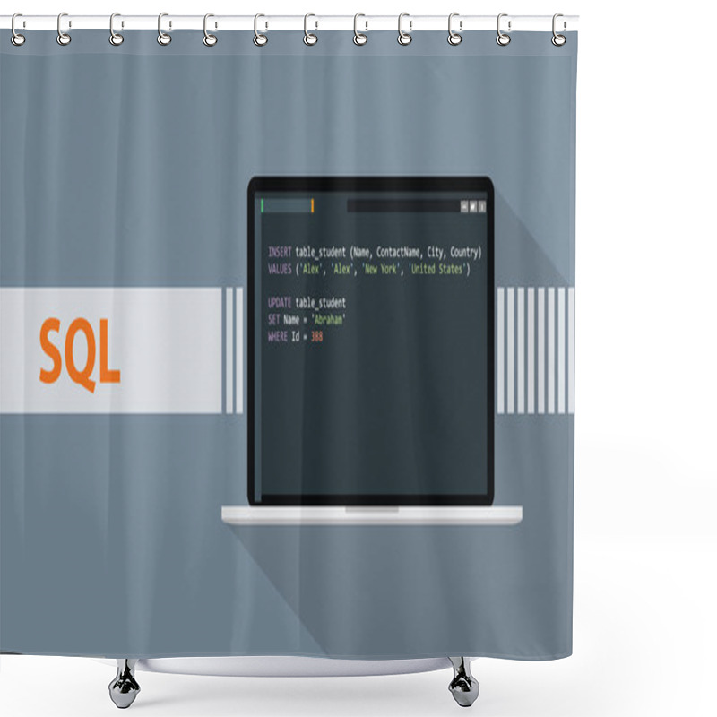 Personality  Sql Structured Query Languages Programming Language With Script Code On Laptop Screen Vector Graphic Shower Curtains