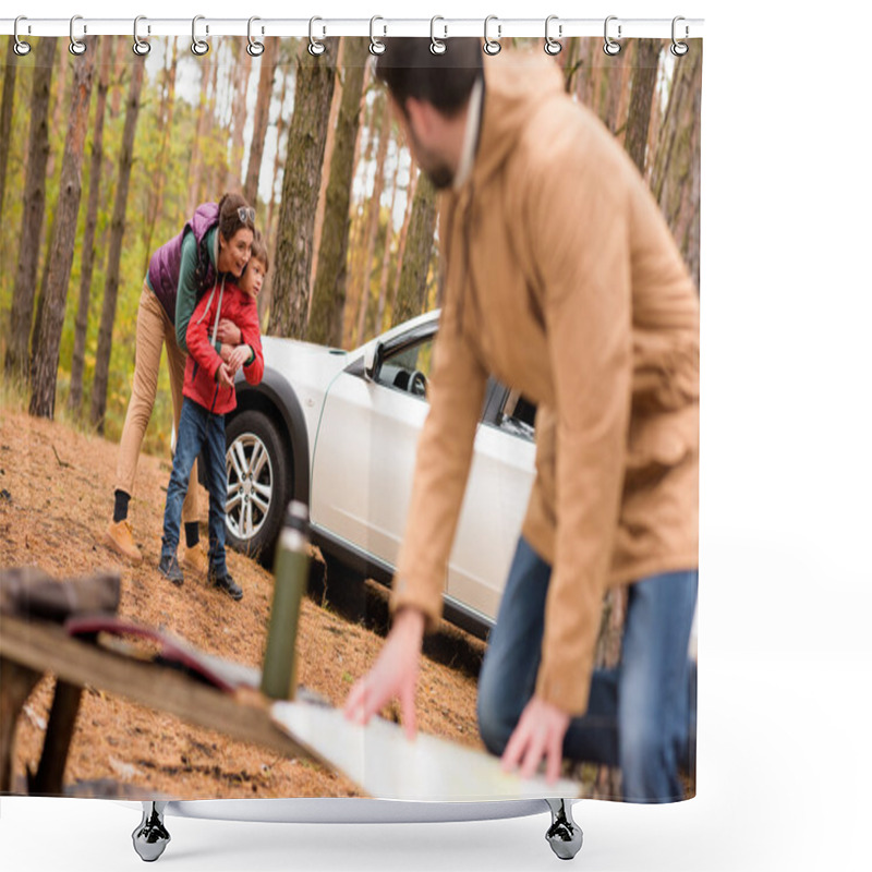 Personality  Woman With Boy Standing Near Car In Forest Shower Curtains