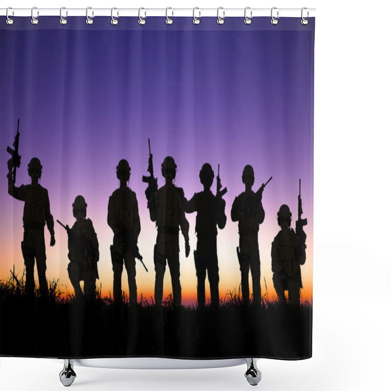 Personality  Silhouette Of  Soldiers Team With Sunrise Background  Shower Curtains