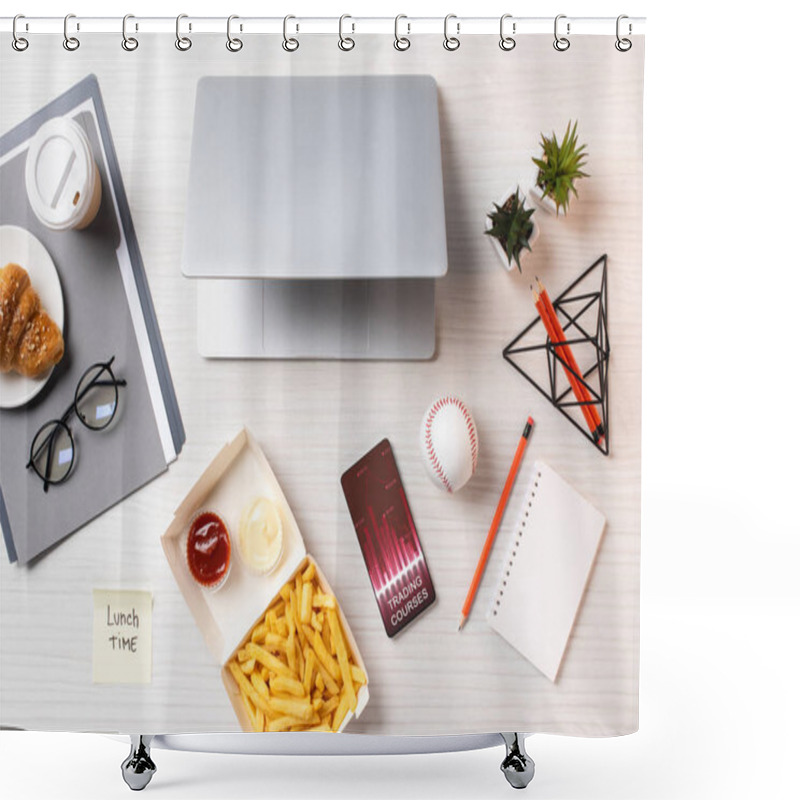 Personality  Top View Of French Fries, Sticky Note With Inscription Lunch Time, Laptop And Smartphone With Trading Courses Charts At Workplace Shower Curtains