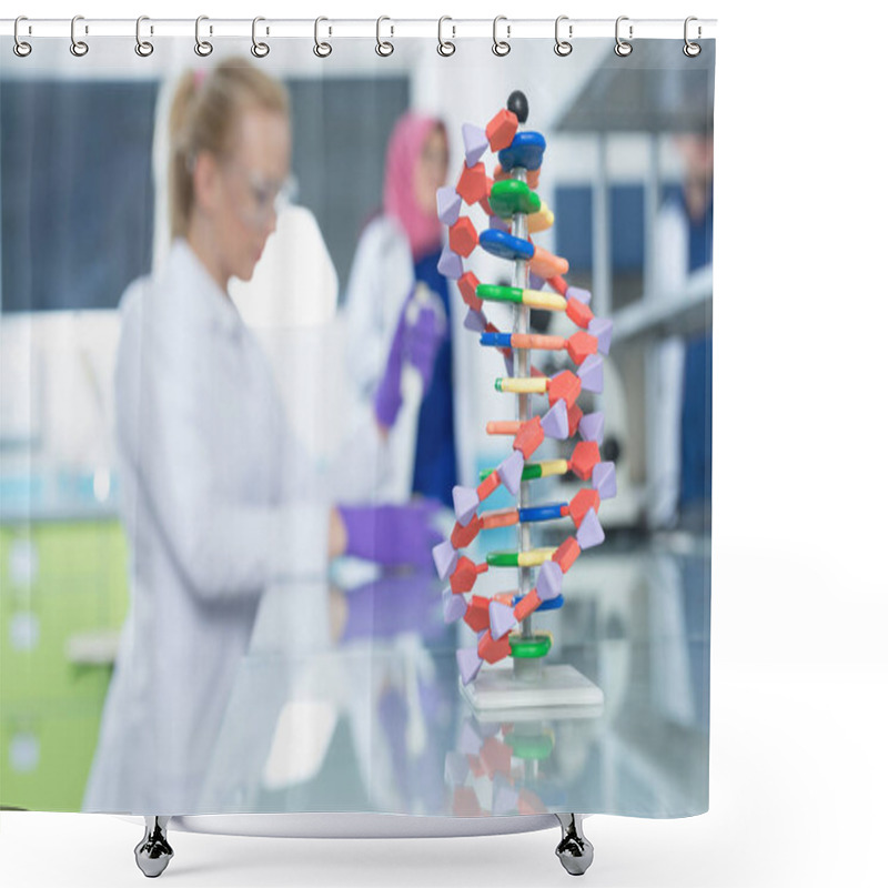 Personality  New Technologies In Medicine. Scientist And Molecule Of DNA Shower Curtains