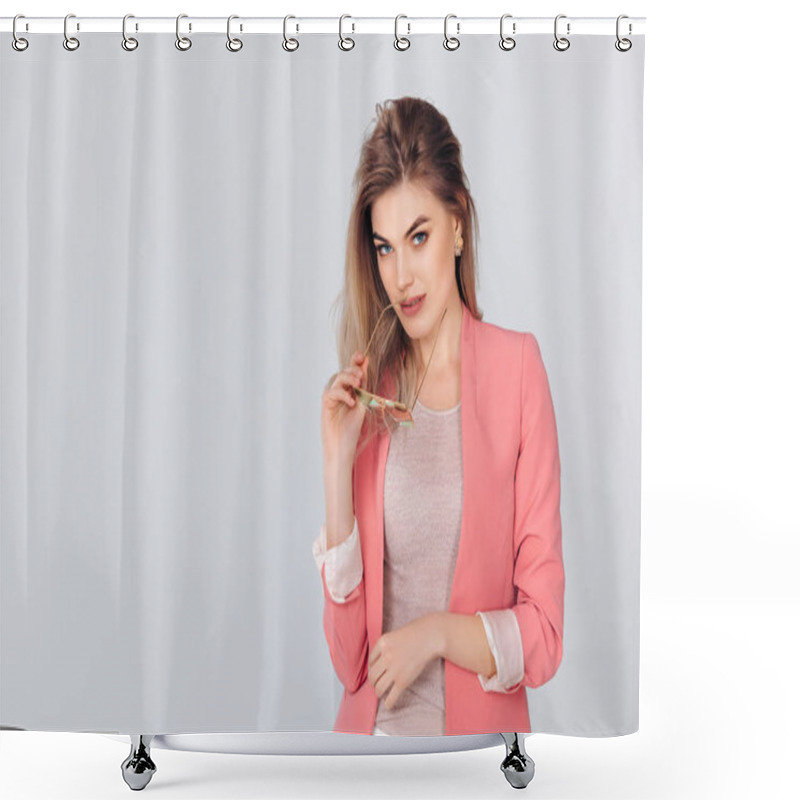 Personality  Blonde Woman In Pastel Casual Jacket Posing In Studio. Shower Curtains