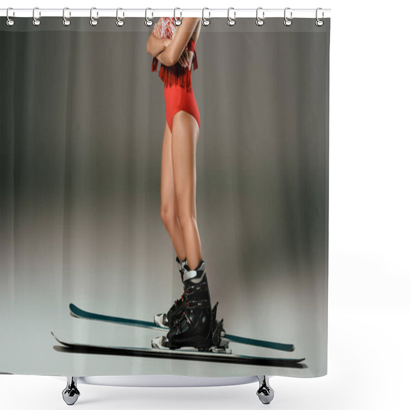 Personality  Partial View Of Woman In Red Swimming Suit And Ski On Grey Background Shower Curtains