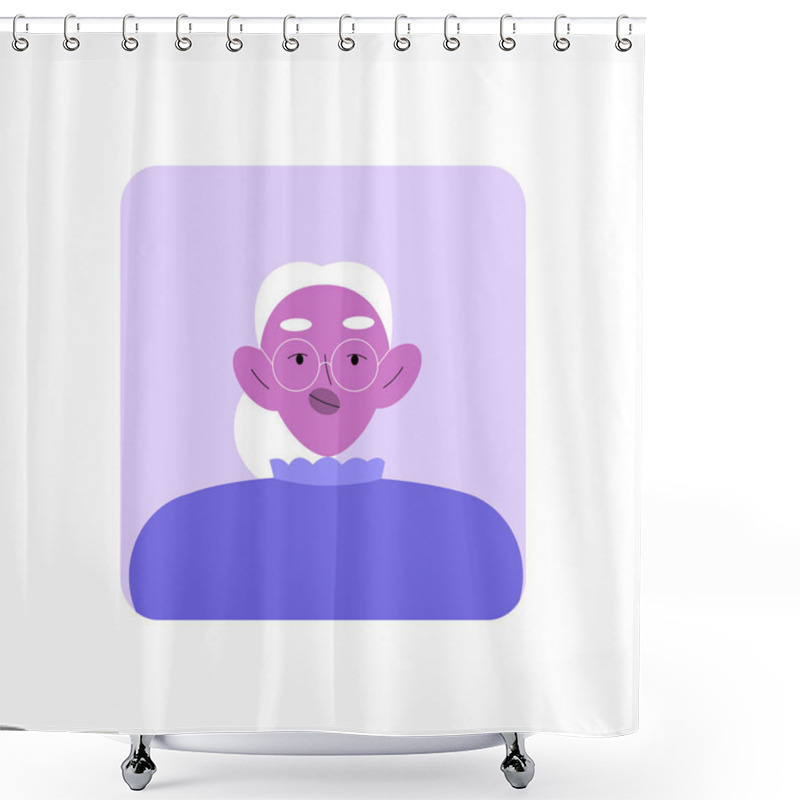 Personality  Portrait Of An Elderly Woman Avatar With Glasses And A Calm Expression, Symbolizing Wisdom, Grace, And Elderly Experience. Flat Vector Style, Isolated. Shower Curtains