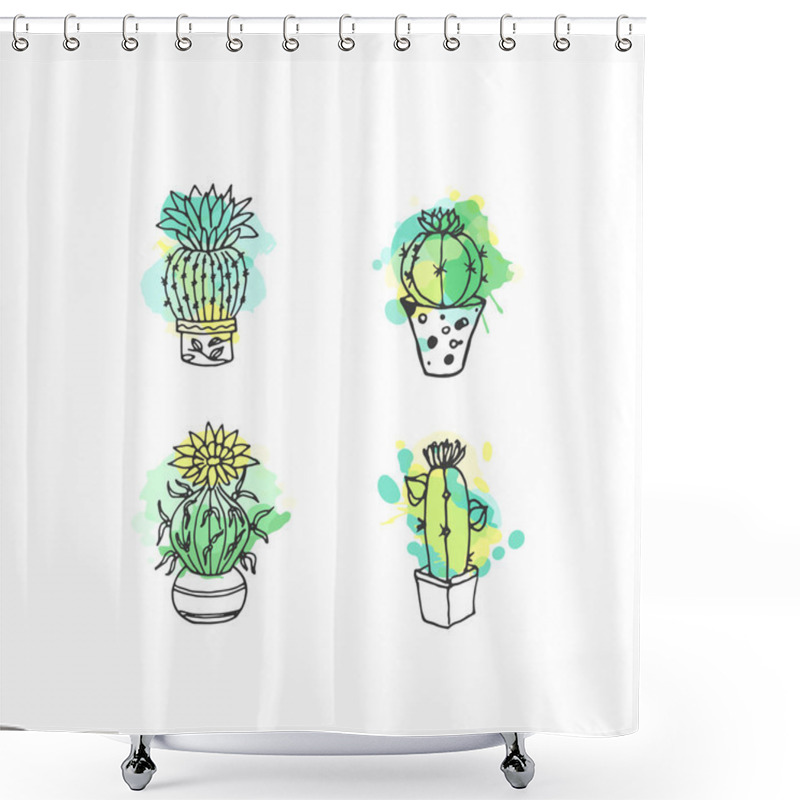 Personality  Succulent Illustration. Vector Cactus Hand Drawn Set With Paint Splashes. Cacti And In Door Plants In Pots. Shower Curtains