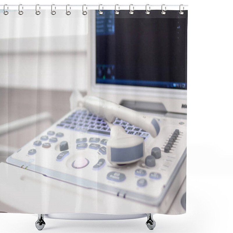 Personality  Closeup Ultrasound Scanner Equipmentin In Clinic Hospital. Diagnostics, Sonography And Health Concept. Copyspace Shower Curtains