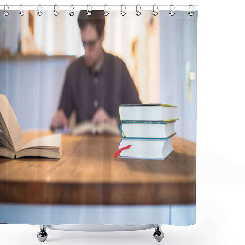 Personality  Male Student Researching And Learning At Home. Stack Of Books, Person In Blurry Background. Shower Curtains