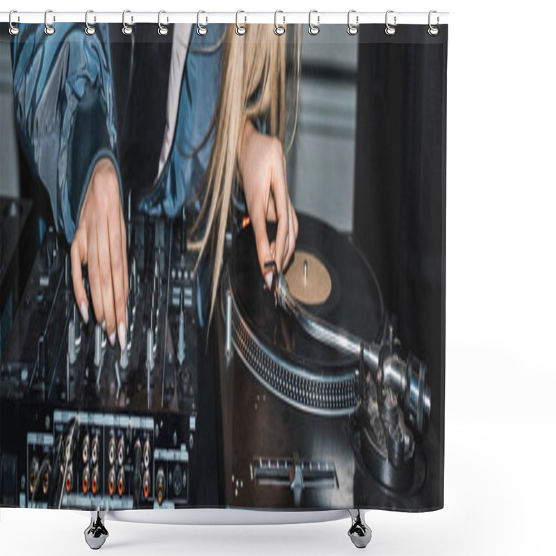 Personality  Panoramic Shot Of Dj Woman Standing Near Dj Mixer And Vinyl Record Shower Curtains