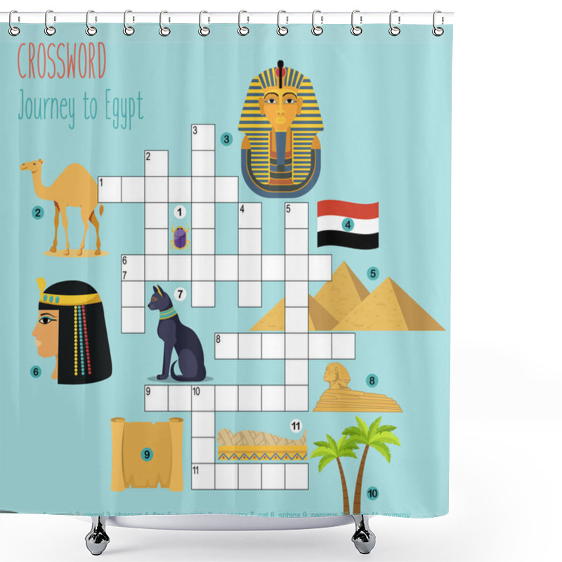 Personality  Easy Crossword Puzzle 'Journey To Egypt', For Children In Elementary And Middle School. Fun Way To Practice Language Comprehension And Expand Vocabulary. Includes Answers. Vector Illustration. Shower Curtains