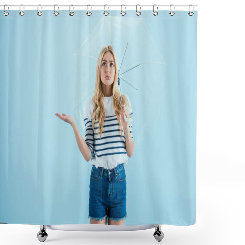 Personality  Upset Blonde Girl Standing Under Umbrella On Blue Background Shower Curtains