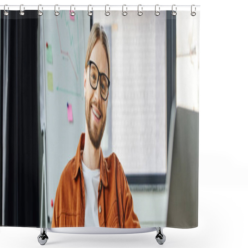 Personality  Overjoyed Bearded Businessman In Eyeglasses And Trendy Shirt, With Radiant Smile, Looking At Camera While Sitting In Front Of Flip Chart On Blurred Background In Modern Office, Banner Shower Curtains