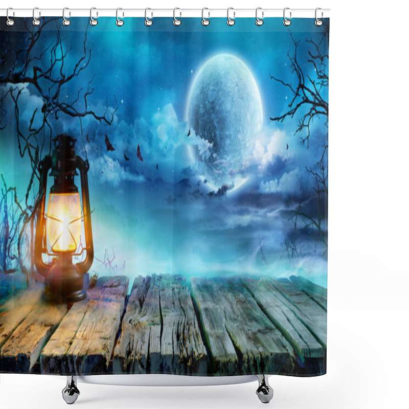 Personality  Halloween Lantern On Old Table In Spooky Night Shower Curtains