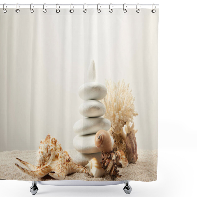 Personality  Close Up View Of Arranged White Sea Stones And Seashells On Sand On Grey Background Shower Curtains