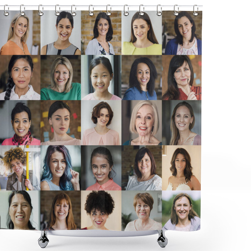 Personality  5X5 Collage Mde Up Of Headshot Portraits Of Female Adults And Children.  Shower Curtains