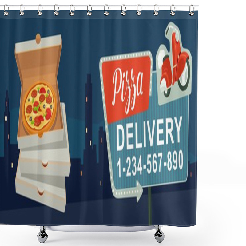 Personality  Retro Night Sign With An Arrow. Billboard In Retro Style With Lights.  Delivery Pizza On Red Moped. Isolated Vector Flat Illustration On City Night Background. For Banner, Poster, Presentation Shower Curtains