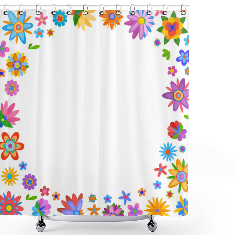 Personality  Cartoon Style Frame With Flowers For Congratulations. Cheerful, Happy Flowers Illustration And Painted In A Naive Manner Shower Curtains