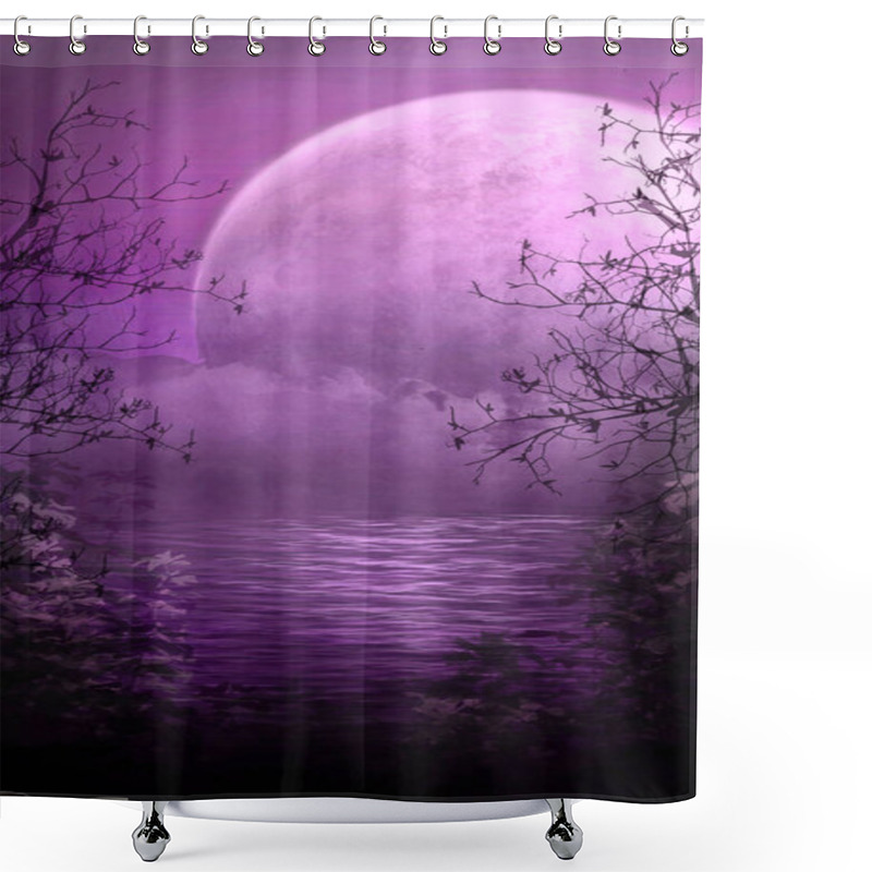 Personality  Mysterious Lilac Landscape With A Large Glowing Pink Moon And Mystical River Covered In Fog, Nature With Dark River Bank, With Gloomy Waters And Vegetation, With Silhouettes Of Trees And Bushes. Shower Curtains