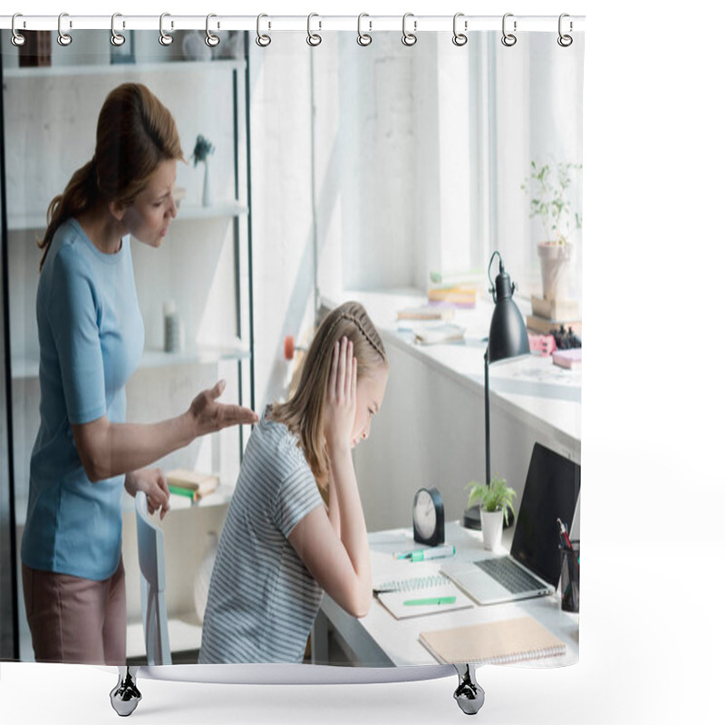 Personality  Depressed Teen Daughter Sitting At Work Desk At Home While Her Mother Yelling At Her Shower Curtains