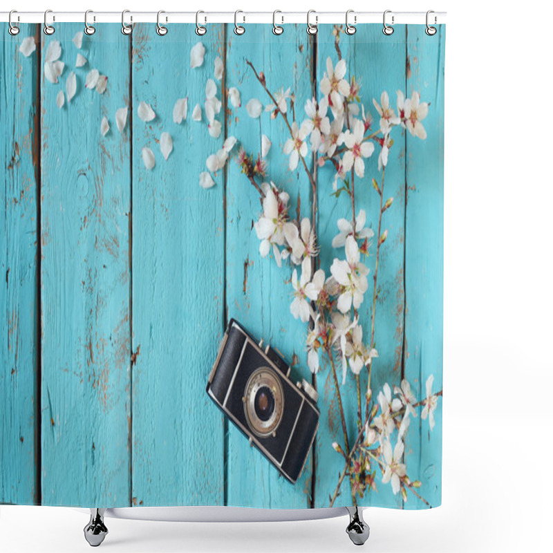 Personality  Top View Image Of Spring White Cherry Blossoms Tree Next To Old Camera On Blue Wooden Table Shower Curtains