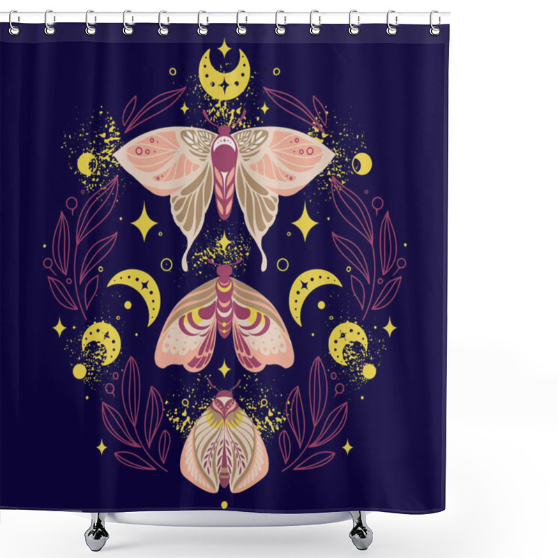 Personality  Composition Of Three Butterfly Night Moths In A Frame Of Twigs With Crescents, Stars And Fairy Dust On Dark Background. Vector Symmetric Celestial Boho Print Shower Curtains