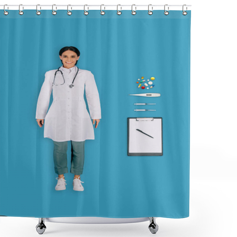 Personality  Top View Of Female Doctor With Clipboard, Pen, Thermometer, Pills And Syringes Isolated On Blue Background Shower Curtains