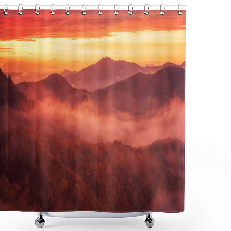 Personality  Scenic View Of Wooded Alps Mountains At Sunrise, Amazing Autumn Landscape With Mountain Ridge, Colorful Trees, Morning Mist And Cloudy Sky, Jamnik, Slovenia. Outdoor Travel Background Shower Curtains