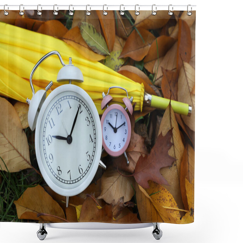 Personality  Alarm Clocks And Yellow Umbrella On Dry Leaves In Park, Top View Shower Curtains