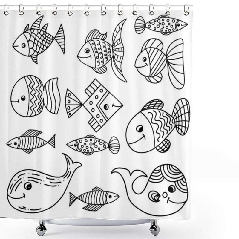 Personality  Set Of Beautiful Patterned Fish. In Cartoon Style. Funny Fish In The Underwater World. Antistress Coloring Book Sketch For Adults Or Kids, Line Drawing, Doodle Logo For Tattoo, Zentangle. Shower Curtains