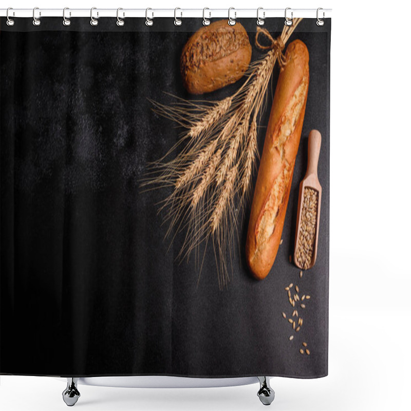 Personality  Fresh Fragrant Bread With Grains And Cones Of Wheat Against A Dark Background. Assortment Of Baked Bread On Wooden Table Background. Fresh Fragrant Bread On The Table. Food Concept.  Shower Curtains