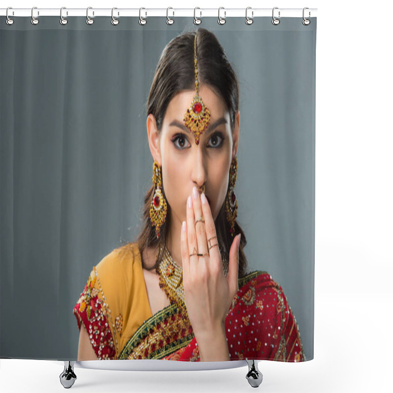 Personality  Surprised Indian Woman Closing Mouth, Isolated On Grey  Shower Curtains