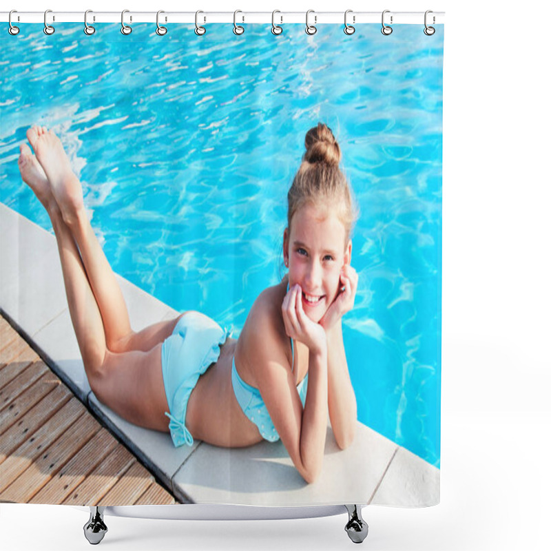 Personality  Cute Smiling Little Girl Child Lying Near Swimming Pool And Havi Shower Curtains