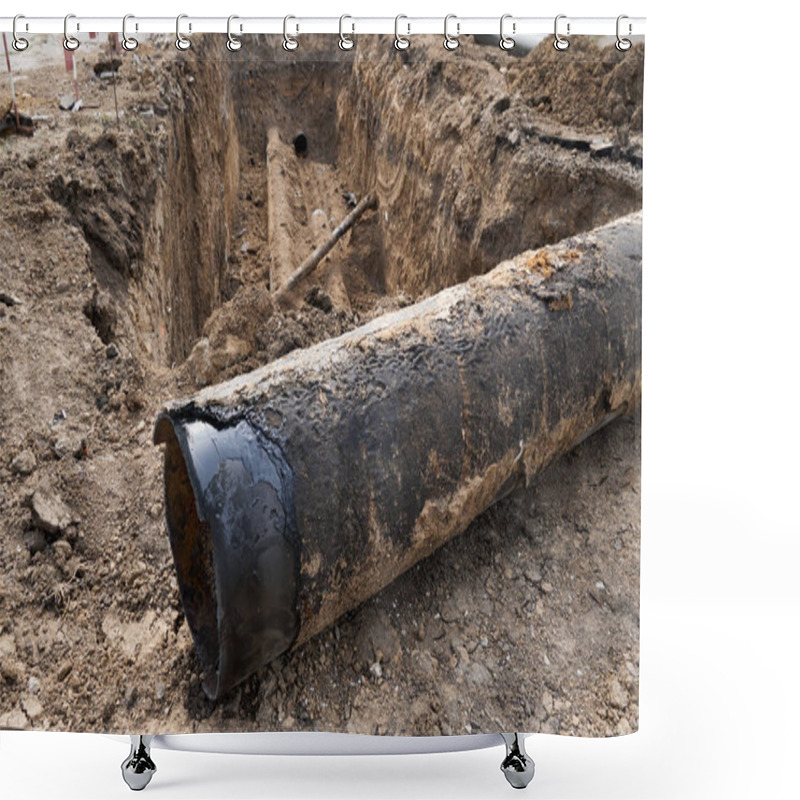 Personality  Repair And Replacement Main Pipeline Of Heating Systems, District Heating Pipes Network, Water Supply Or Sewerage In City, Removing Old Pipes And Replacing Them With New Ones In A Hole In The Ground Shower Curtains