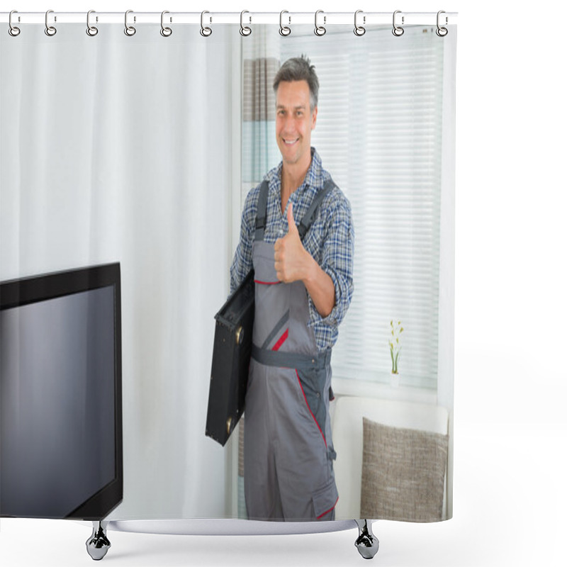 Personality  Happy Technician With TV  At Home Shower Curtains